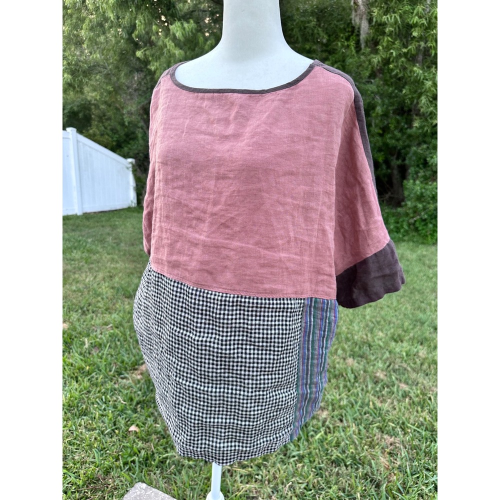 Patchwork Hemp Mixed Media Top Blouse Boho Earthy Women One Size Multicolor